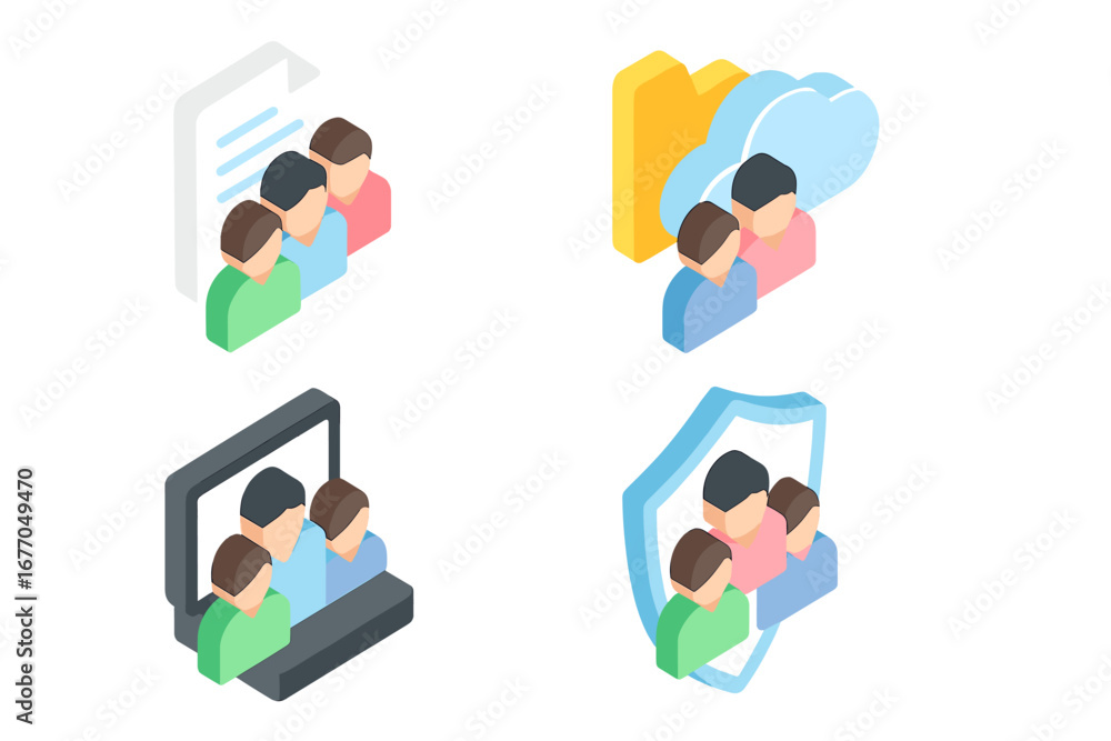 Aufkleber isometric team collaboration icon set. business teamwork concepts including shared documents, cloud 