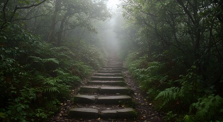 Obraz premium Stone steps lead upward into a misty forest. Green foliage surrounds the path, disappearing into the fog.
