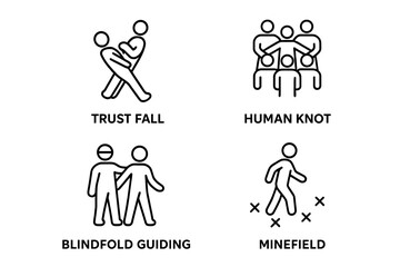 Team building games icon set. Teamwork and cooperation concepts. Trust fall, human knot, blindfold guiding, minefield. Business activity vector line icons for workshop.