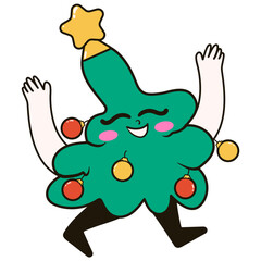 Christmas tree mascot. Cute groovy sticker. Retro style vector illustration.