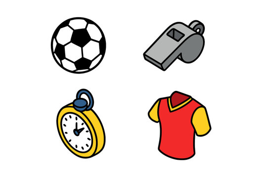 Soccer football sport icon set. Vector illustration of game equipment. Includes ball, referee whistle, stopwatch and team jersey. For match, competition or training concept.