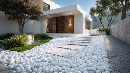 Modern home exterior with a white stone pathway