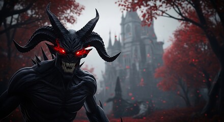 Dark Creature in Front of a Gothic Mansion.