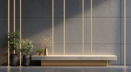 Modern minimalist interior, featuring a light beige countertop,  golden lines, and plants, bathed in sunlight