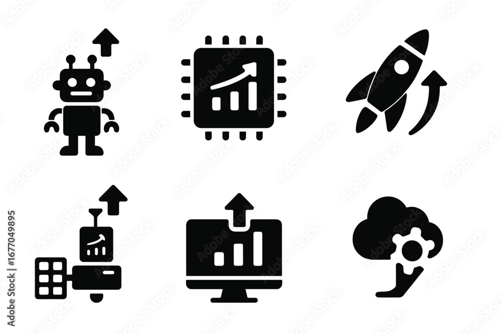 Aufkleber tech growth icon set. solid glyphs for innovation. vector symbols of ai robot, data analytics, cloud