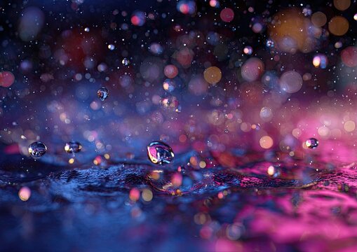 Abstract water droplets, vibrant colors, bokeh effect