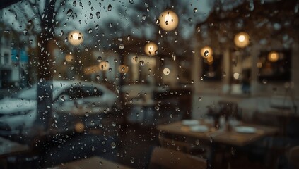 Fototapeta premium Looking through wet glass at a welcoming café, soft bokeh lights and muted outside tones.