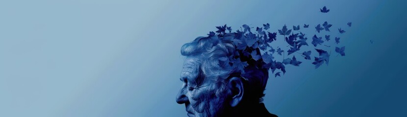 Alzheimer's awareness conceptual design with fading memories. Horizontal banner, copy space. Portrait of an old person symbolizing brain dysfunction Disorientation, degenerative disorder