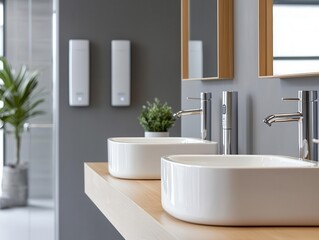 Modern office restroom with a row of touchless soap dispensers, promoting workplace hygiene