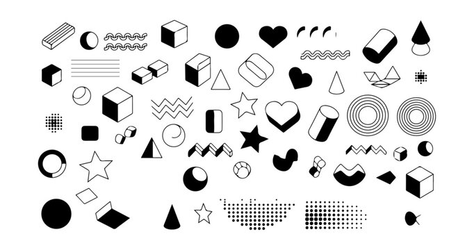 Set of monochrome 3D geometric shapes and abstract graphic design elements