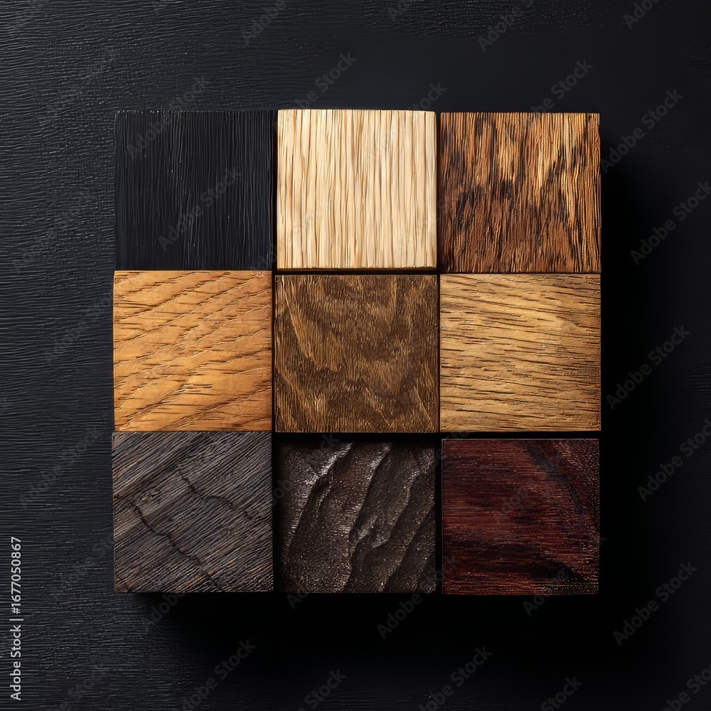 Poster a neat pattern of arranged wooden puzzle blocks showcases the diverse range of wood textures and sha