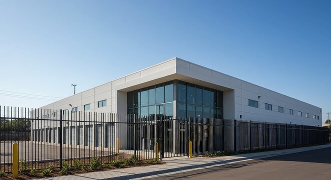 Modern white commercial building with glass facade offers a secure and professional space for your business, perfect for storage, offices, or industrial use