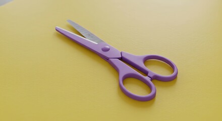 Purple scissors laying diagonally on yellow surface. Close-up of a pair of scissors with purple handles.