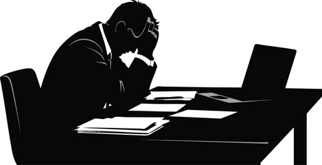 Stressed businessman with head in hands stress silhouette office work desk  head  documents  isolated