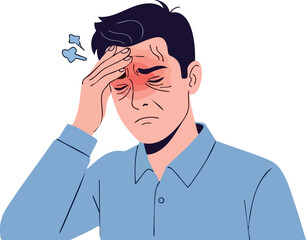 Stressed young man suffering from a painful headache and fever person male adult character