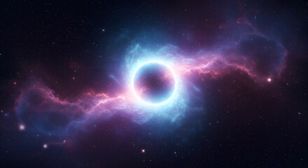 Fototapeta premium A celestial ring of vibrant cosmic clouds encircles a dark sphere, set against a starlit expanse of deep space.