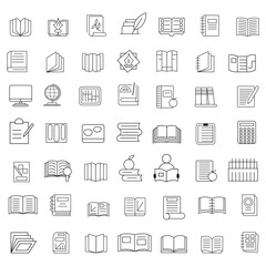 Fototapeta premium Book Line Icons Editable Stroke, Book line vector icon set. The set contains icons: Book, Audiobook, E-Reader, Studying, Tutorial, Personal Organizer, Diary, Reference Book.