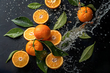 Splashes of Fresh Oranges with Green Leaves on a Black Background Creating a Vibrant Display
