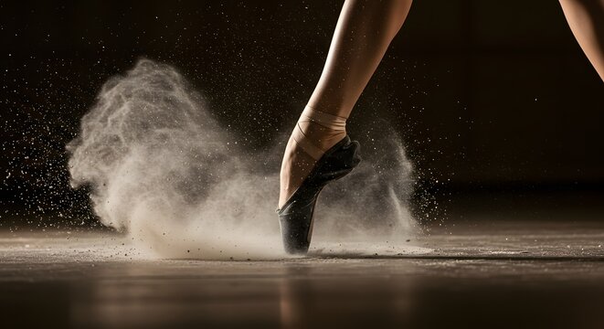 Ballet dancer striking pointe position, captured in a cloud of dust on a dark stage. Grace and power combined.