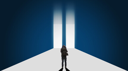 a man standing on white path to two doorways. Decision, challenge, opportunity and life choices concepts