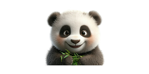 Cute Cartoon Panda Holding Bamboo. Adorable Character With Playful Expression Isolated On Transparent Background