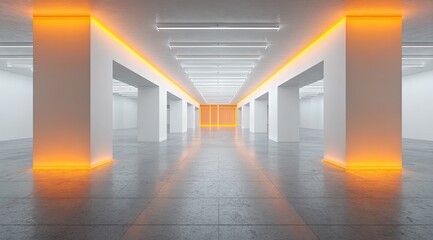 Empty, modern, bright hallway with orange accent lighting