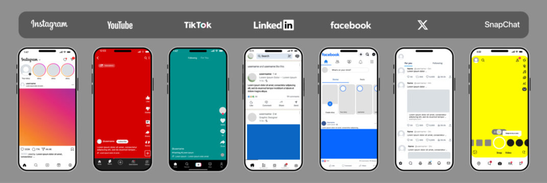 Social Media Mobile UI Mockup Set. Includes Instagram, YouTube, Facebook, Snapchat, TikTok, LinkedIn, and X (Twitter) interfaces.