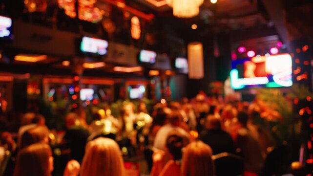 A lively restaurant in the background buzzes with guests mingling and socializing, capturing dinings essence