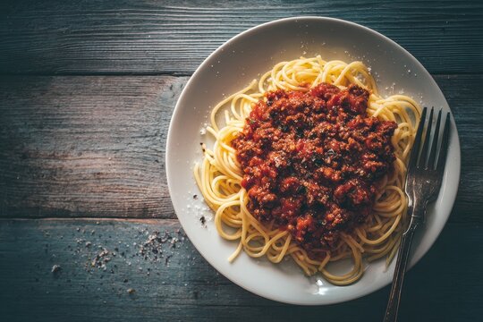 Plate of spaghetti with meat sauce on a wooden table (2)