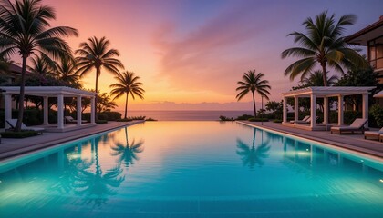 Infinity pool reflecting sunset with palm trees and cabanas by the ocean at dusk hour