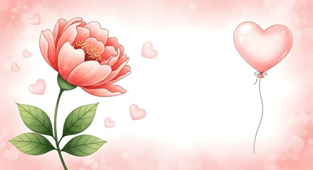 Romantic Pink Flower and Heart Balloon Illustration.
