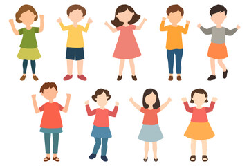 Illustration of several girls standing happily and raising their hands. Differences in diversity and togetherness