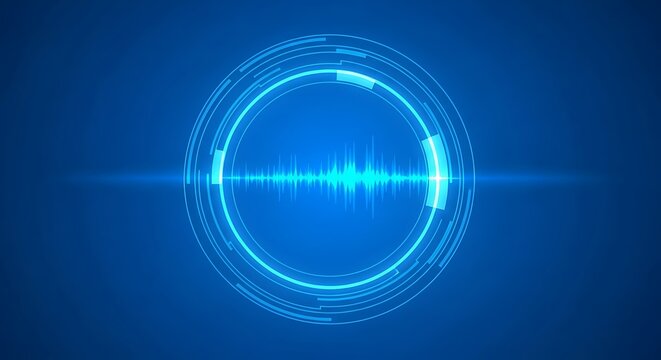 Futuristic blue oval portal with digital sound wave and lens flare