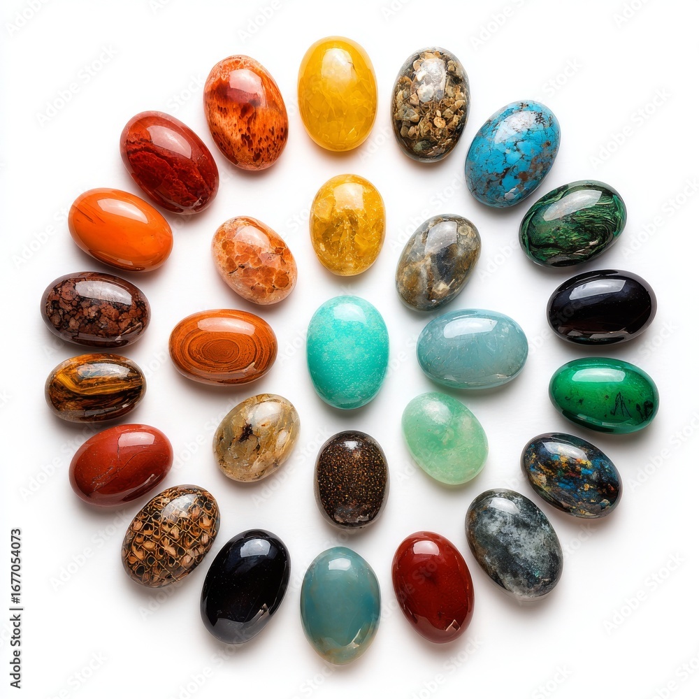 Poster an array of polished gemstones, each with its own unique characteristics, is arranged in a grid, pre
