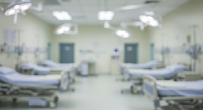 Blurred hospital ward background with beds, curtains, and medical equipment.