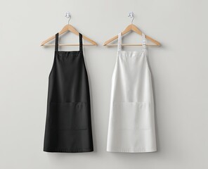 Two blank aprons, black and white, hang on wooden hangers against a light gray wall