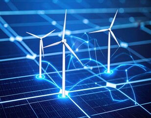 Futuristic wind turbines generating renewable energy on a digital grid with glowing connections