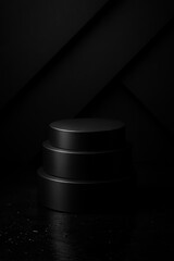A realistic abstract 3D black cylindrical pedestal on an angled dark rectangular backdrop, styled for a luxury Black Friday sale product showcase, rendered with vector geometry