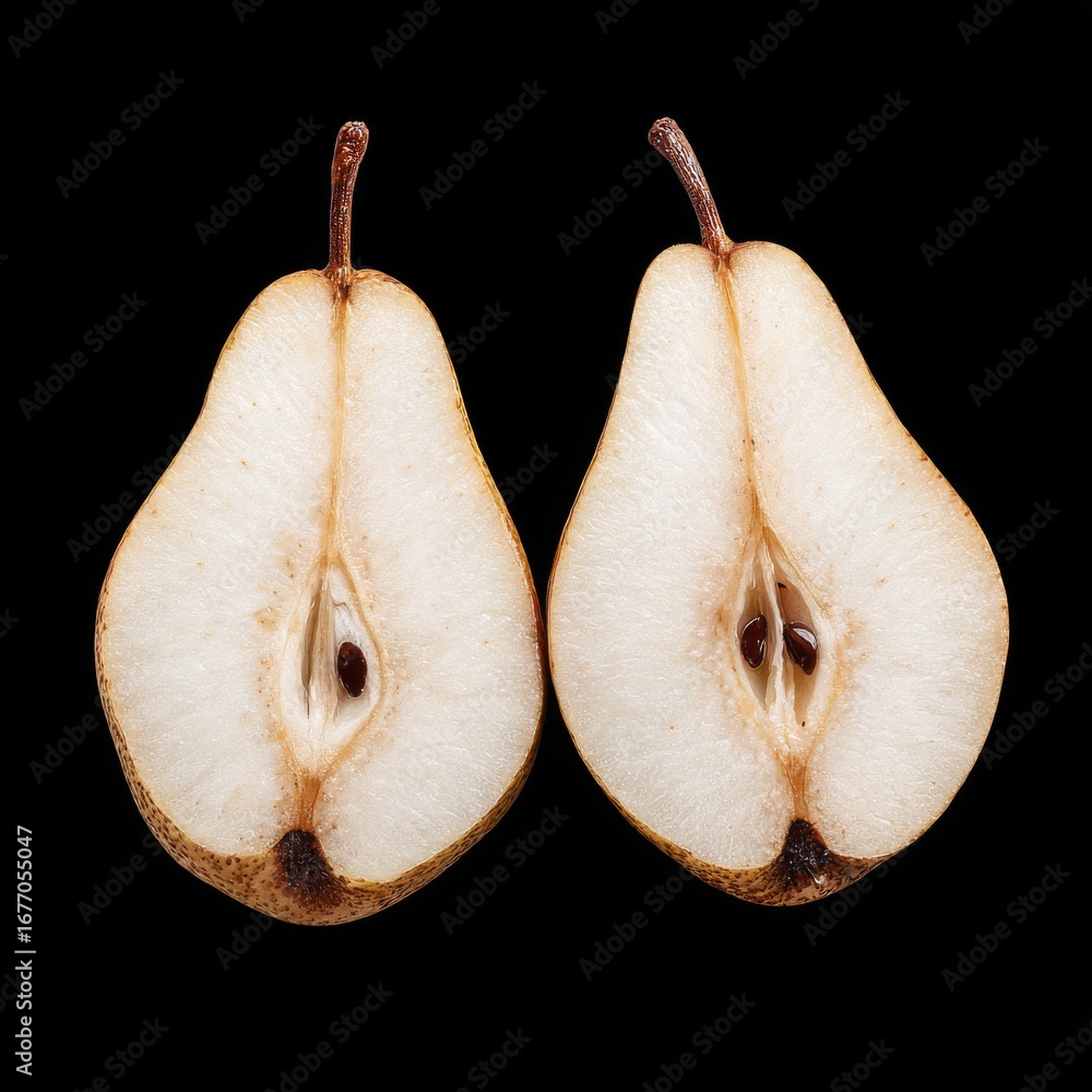 Poster against a black background, a halved pear exposes its pale core, showcasing its one-of-a-kind struct