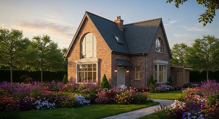 Innovative cottage featuring brick exterior, design innovation captured in soft natural light, refined and minimalist look c