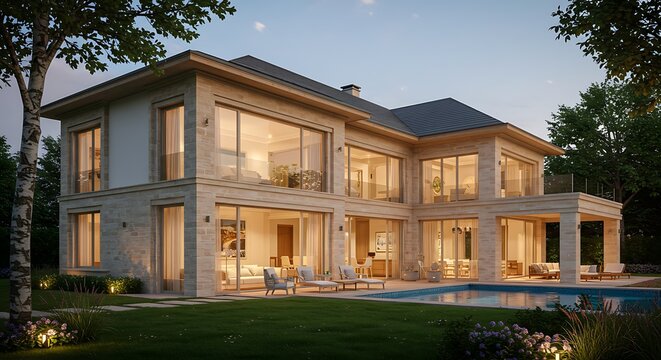 Majestic villa with large glass windows, real estate highlight captured in soft natural light, refined and minimalist look