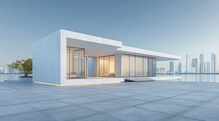 Obraz premium Modern white concrete house on a rooftop terrace overlooking a city skyline