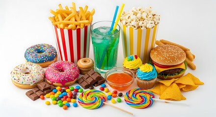 A colorful assortment of unhealthy fast food and sweet treats