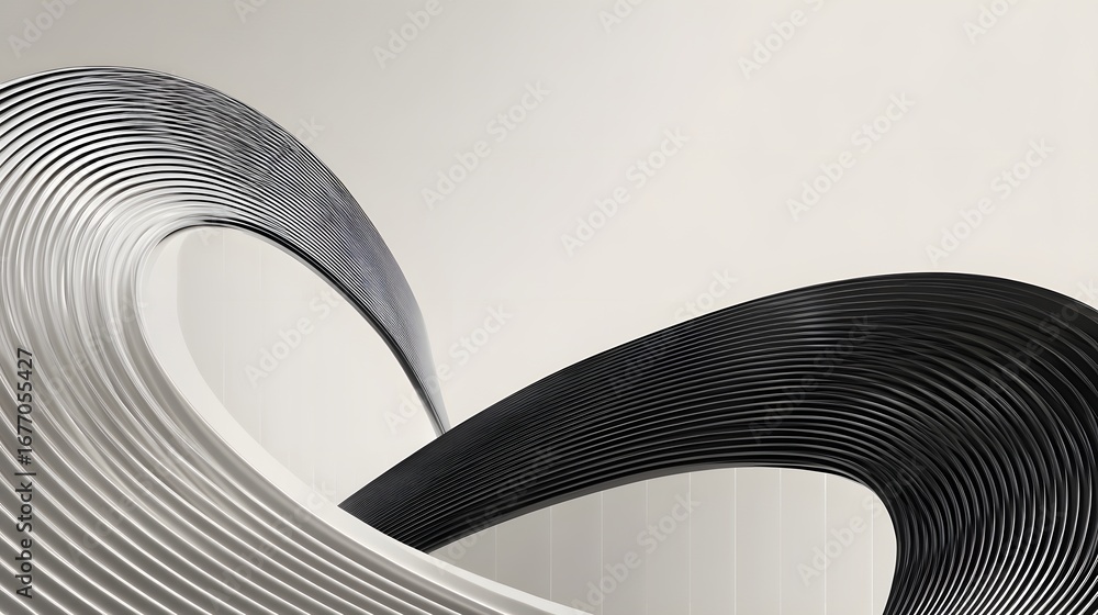 Poster abstract curved lines in black and white creating a dynamic wave effect
