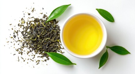 Fresh green tea leaves and tea in a cup