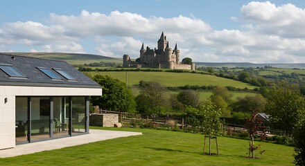 Minimalist townhouse with spacious driveway, cultural landmark captured in soft natural light, refined and minimalist look c