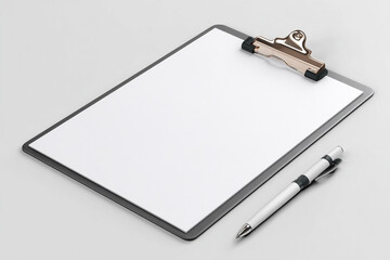 Ultra-realistic close-up of clipboard with blank sheet of paper and pen, isolated on white background.