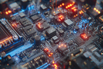 Obraz premium Close-up macro shot of motherboard with illuminated pathways, symbolizing digital innovation.
