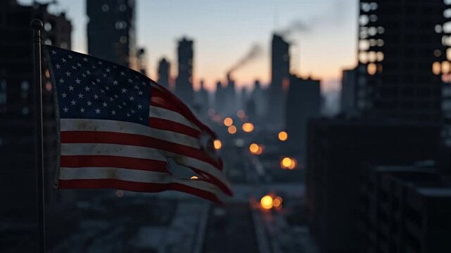 The national flag of the United States waving over the ruins of a destroyed city at sunset.