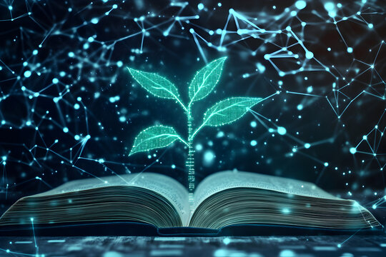 Digital glowing plant growing from open book. Concept of scientific learning, education, and knowledge evolution. Technology and innovation idea.